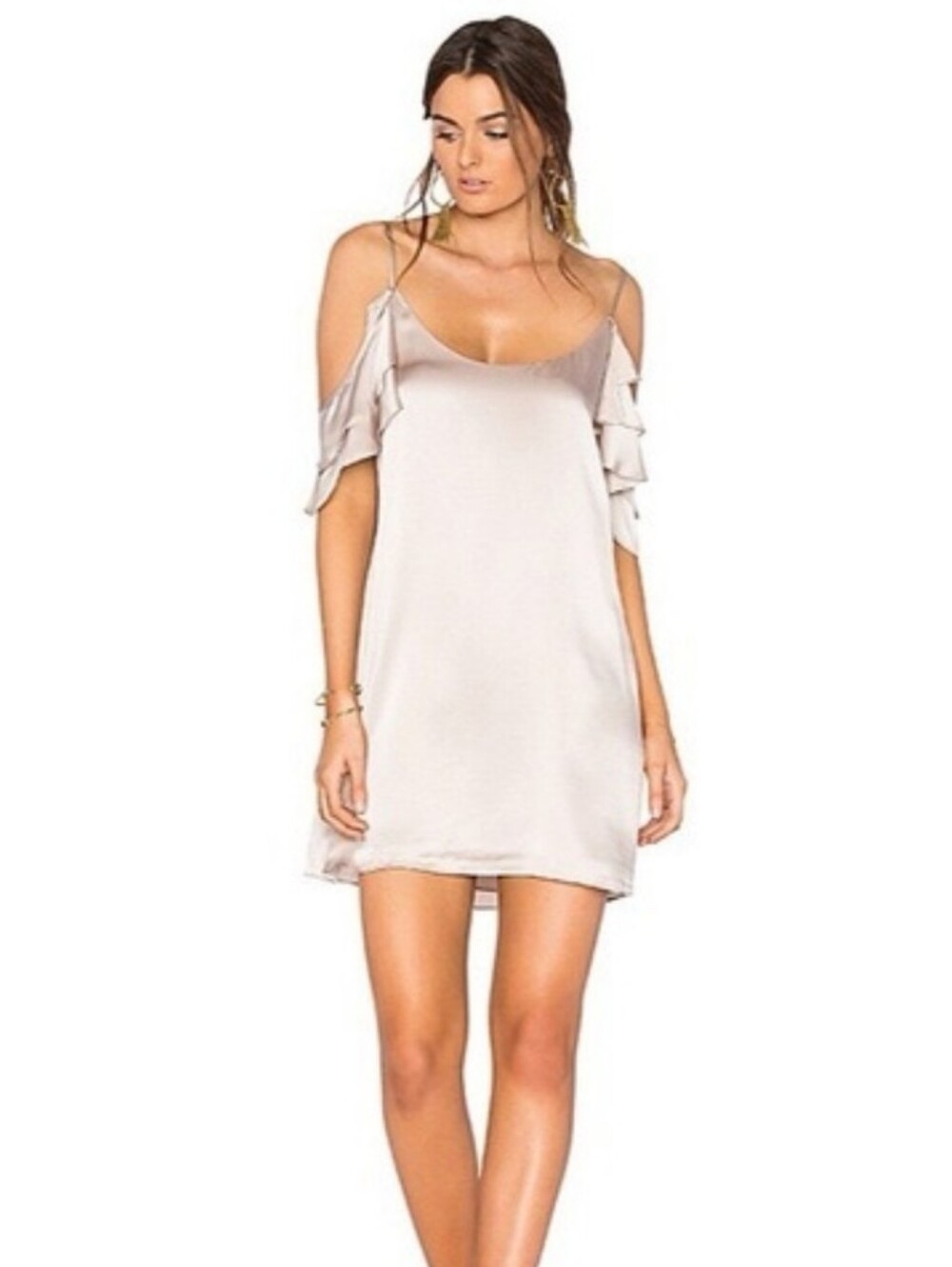 Cami Nyc Silk Taupe Cold-Shoulder Ruffle Slip Dress